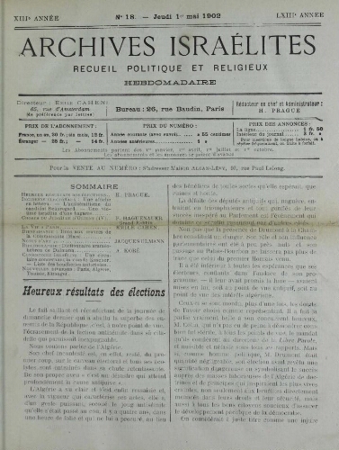 Archives israélites de France. Vol.63 N°18 (01 mai 1902)